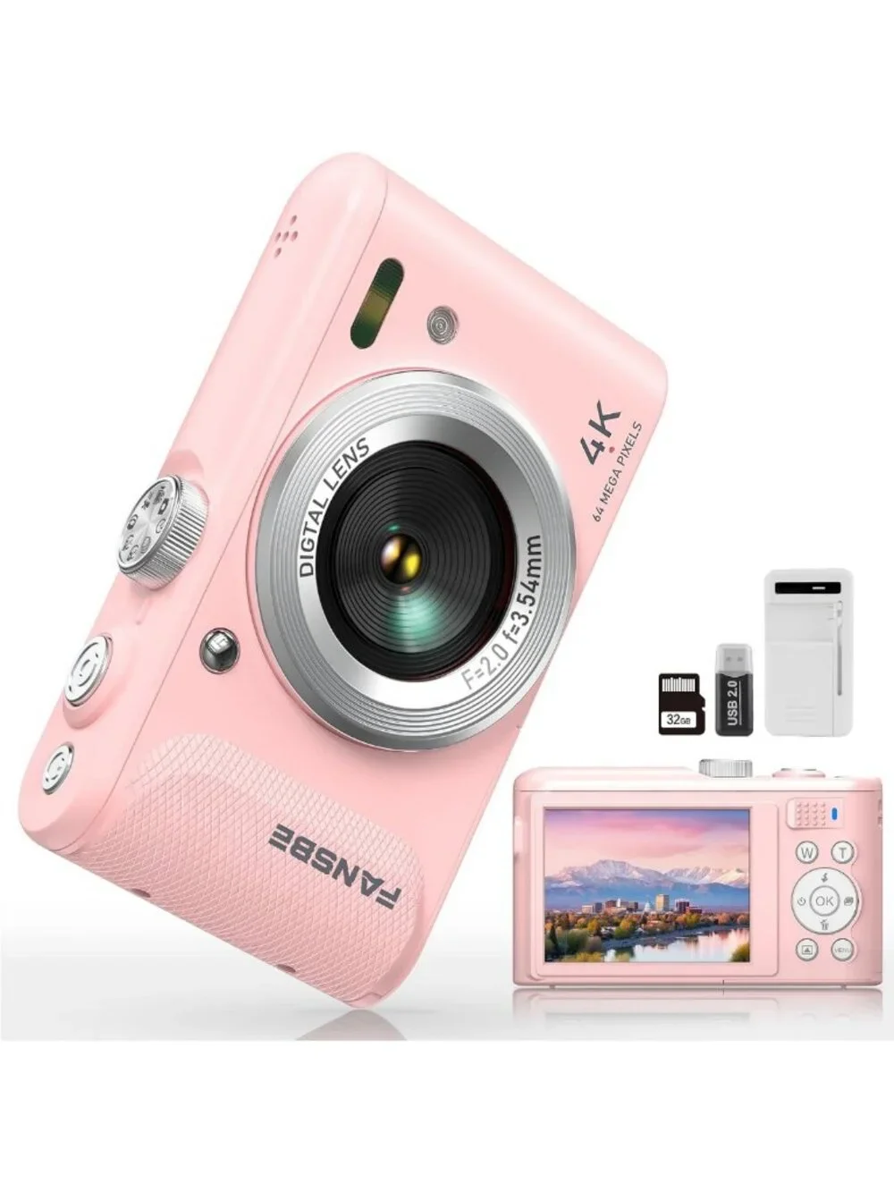 4K Vlogging Camera, 64MP Point & Shoot, 18X Zoom, Anti-Shake, Compact, Blush